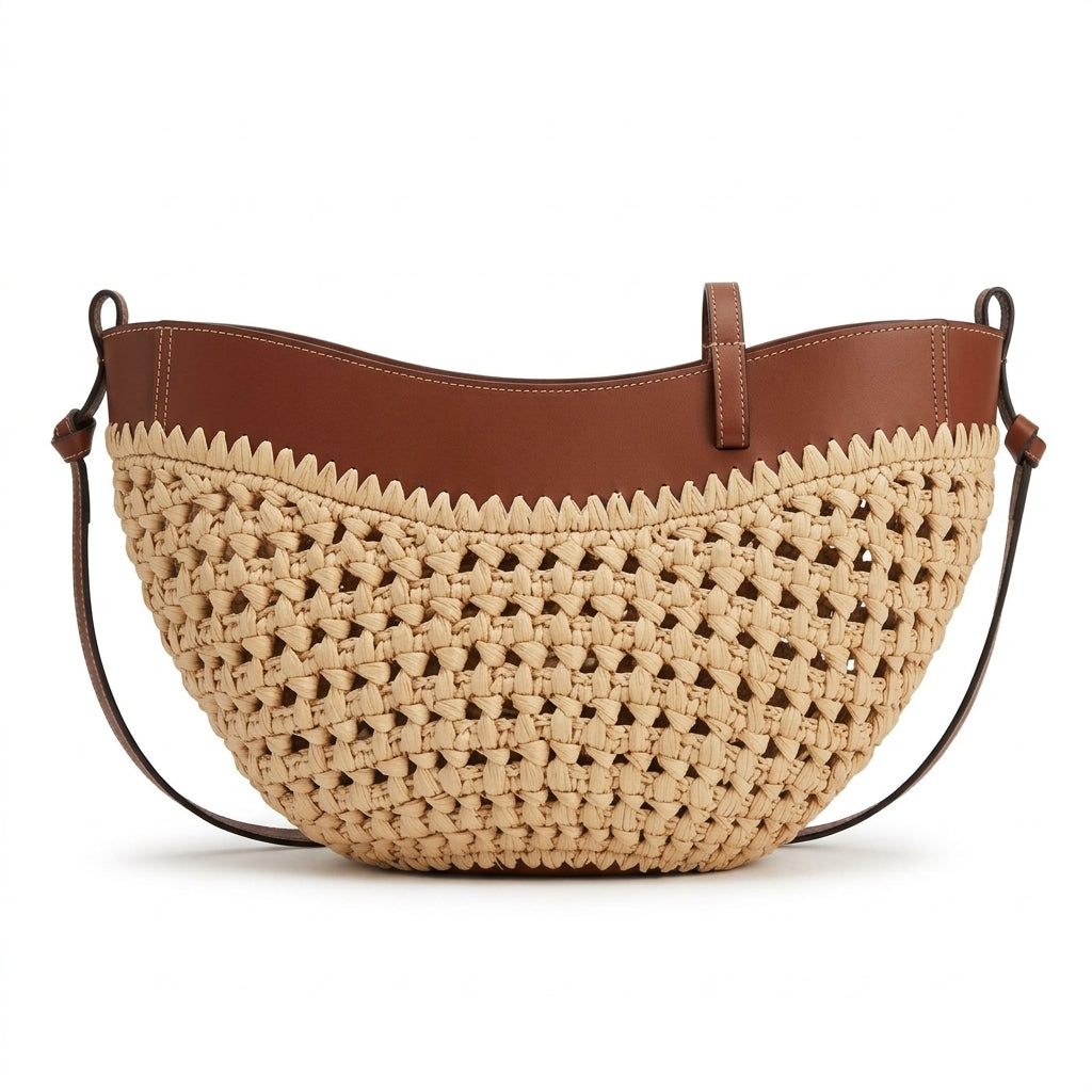 Woven Raffia & Leather Shoulder Bag