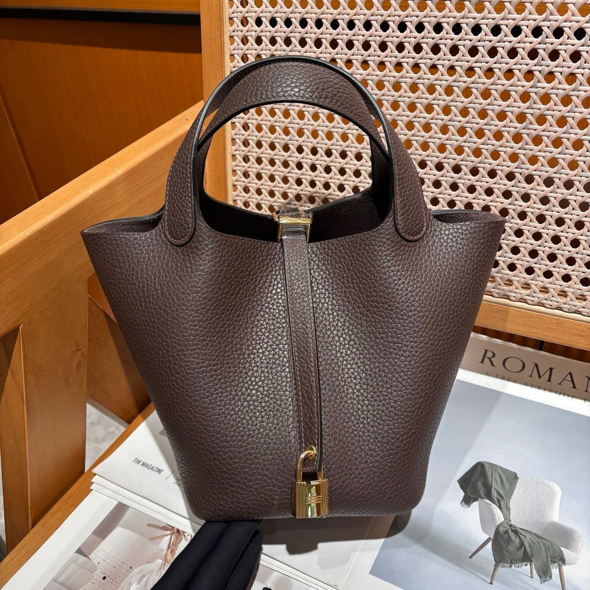 Genuine Pebbled Leather Bucket Bag