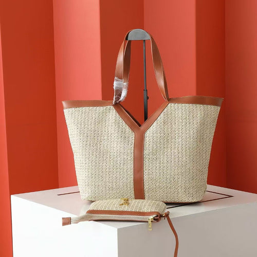 Raffia Tote Bag with Genuine Leather Trim and Pouch