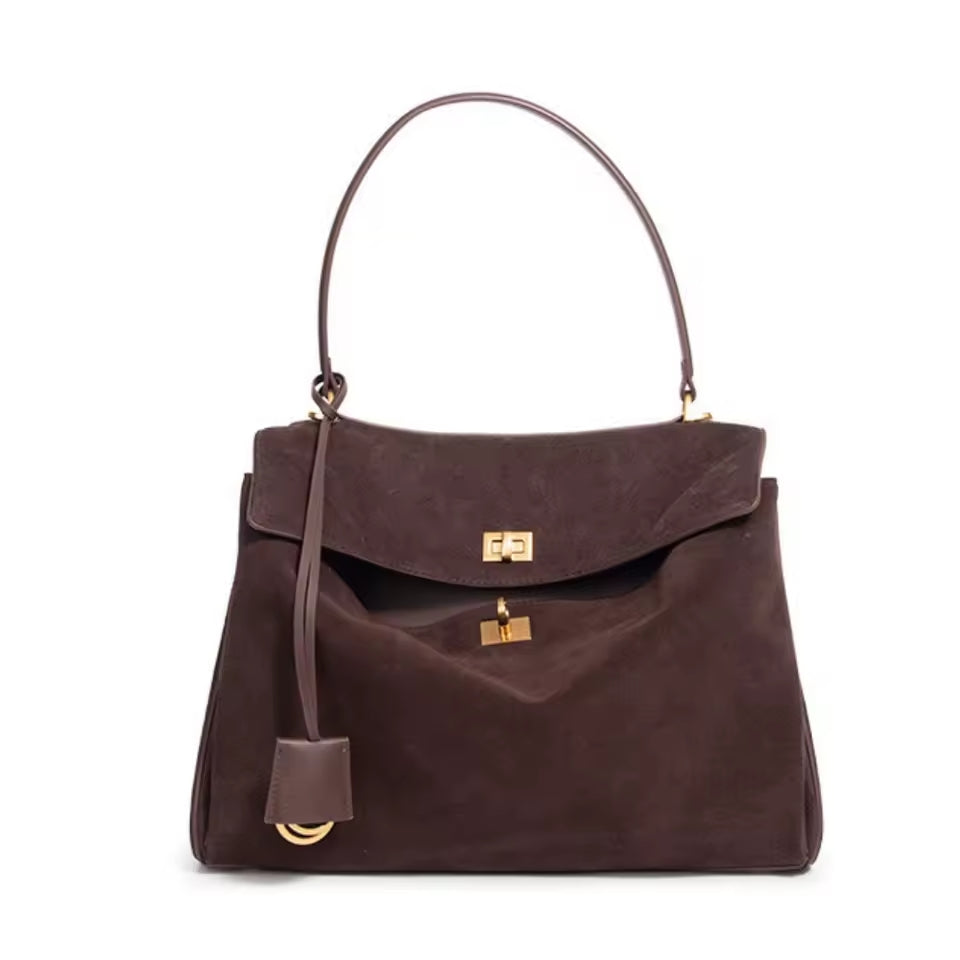 Suede Gold-Lock Top Handle Bag