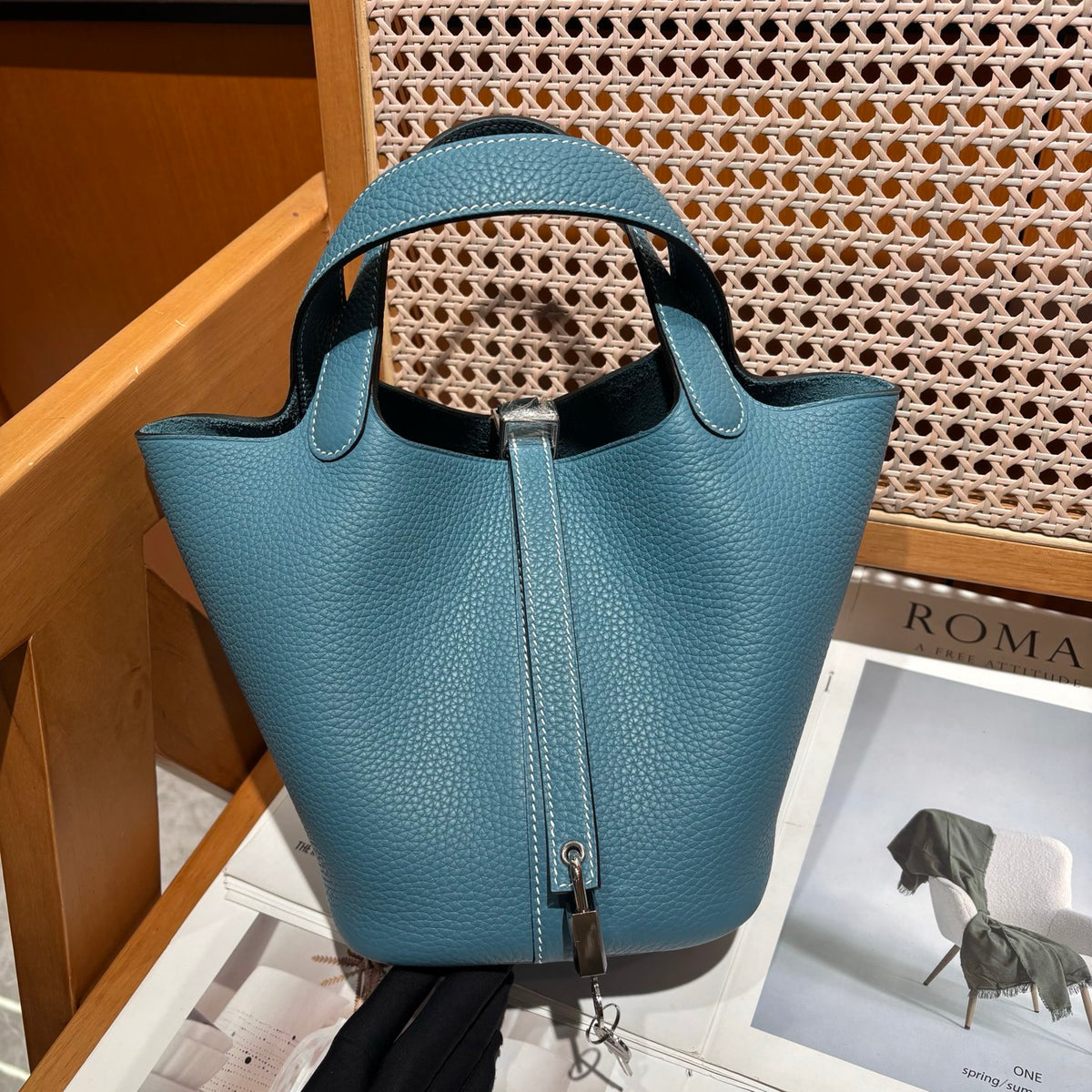 Genuine Pebbled Leather Bucket Bag