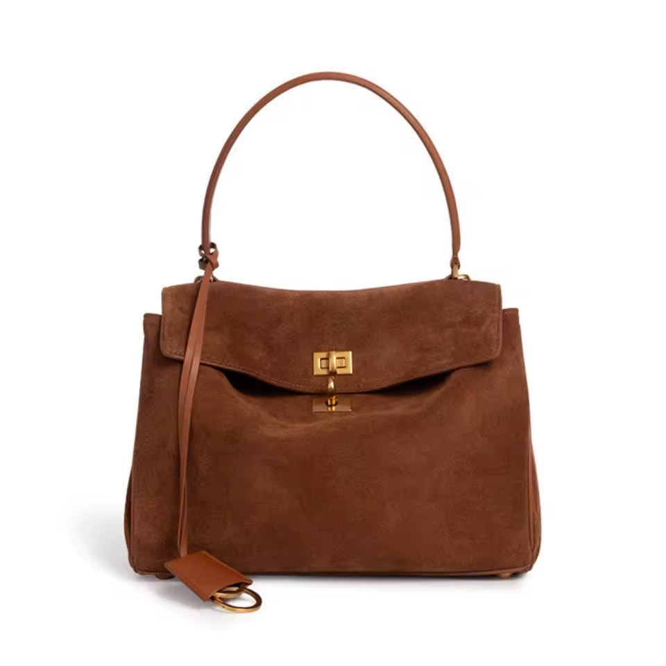 Suede Gold-Lock Top Handle Bag