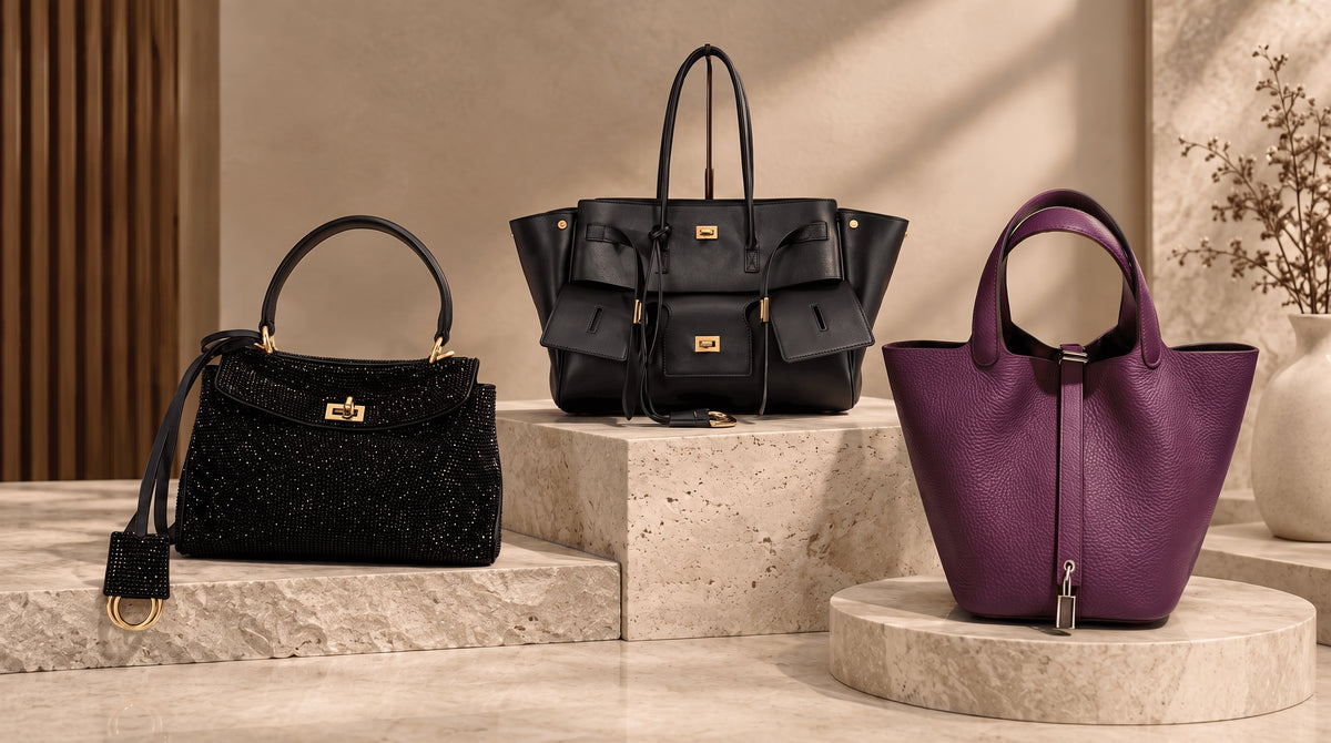 Fineciaga leather bags on stone plinths