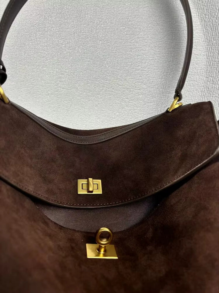 Suede Gold-Lock Top Handle Bag