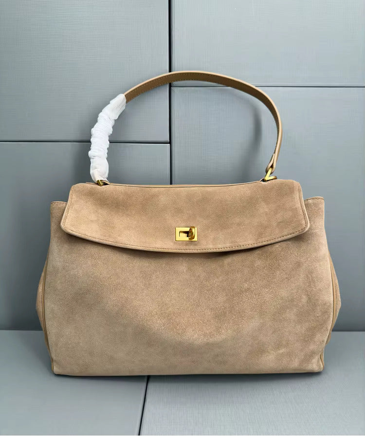 Suede Gold-Lock Top Handle Bag