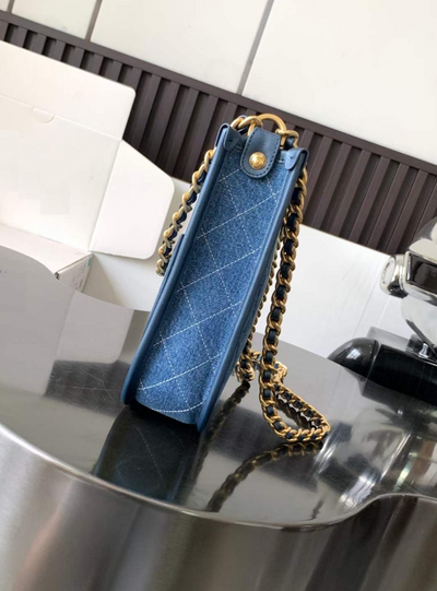 Washed Denim Sling Bag with Gold-Tone Chain