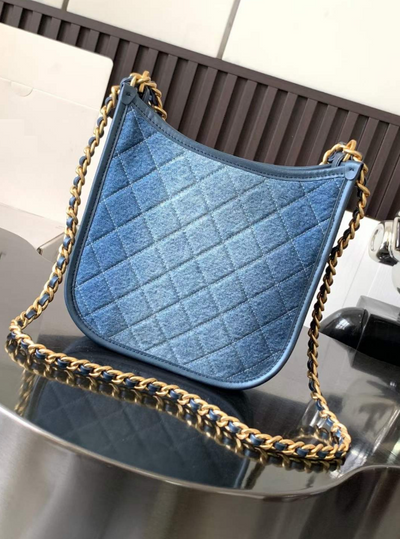 Washed Denim Sling Bag with Gold-Tone Chain