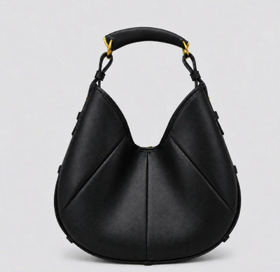 A black pebbled leather hobo handbag with a curved top handle, gold-tone hardware, and a subtle stitched geometric pattern, shown against a light gray background.